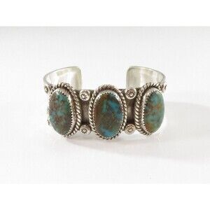 Stunning Sterling Silver Triple Blue Gem Turquoise Navajo Style Unsigned Cuff